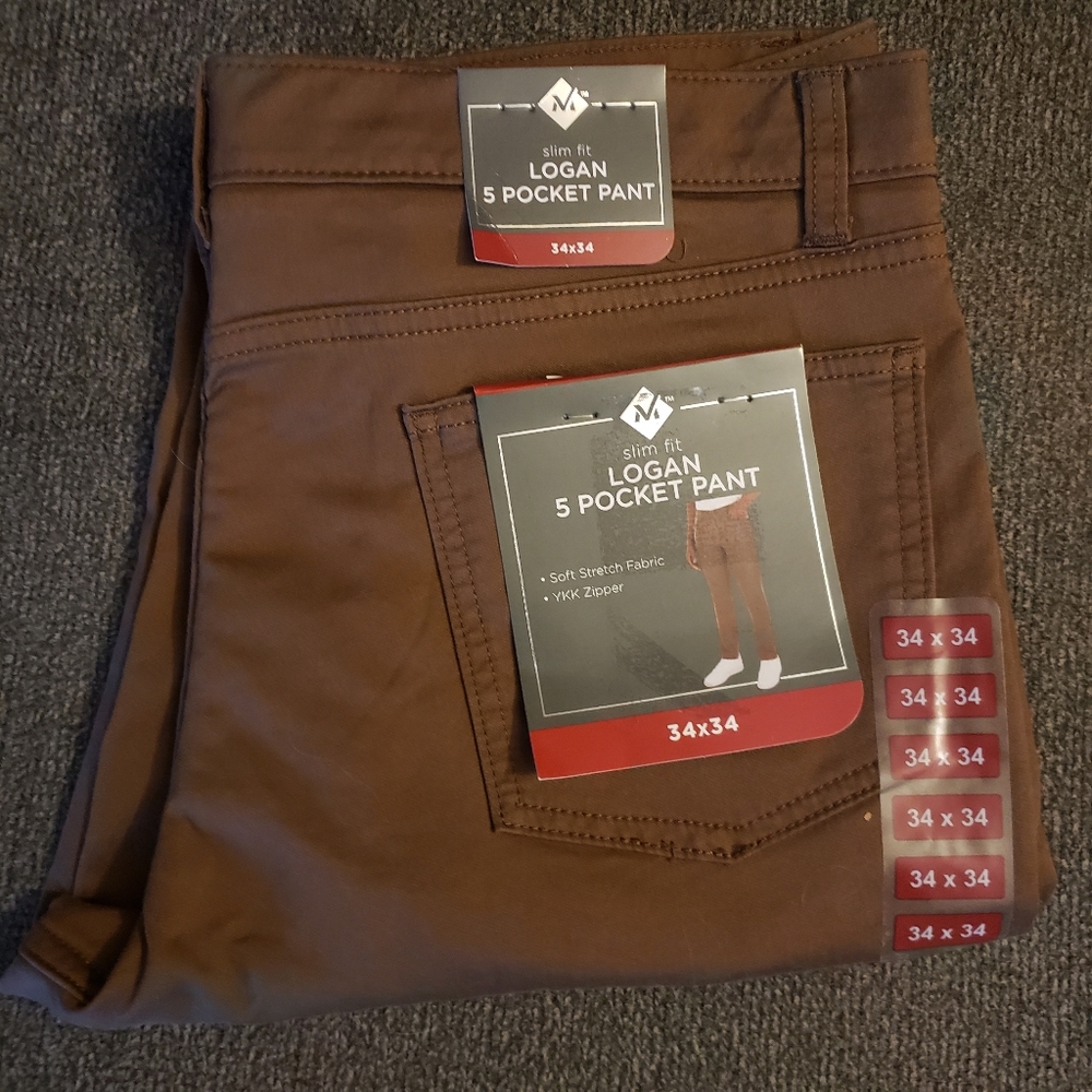 New Mens Member's Mark Slim Fit Brown Logan  5 Pocket Pants - NWT